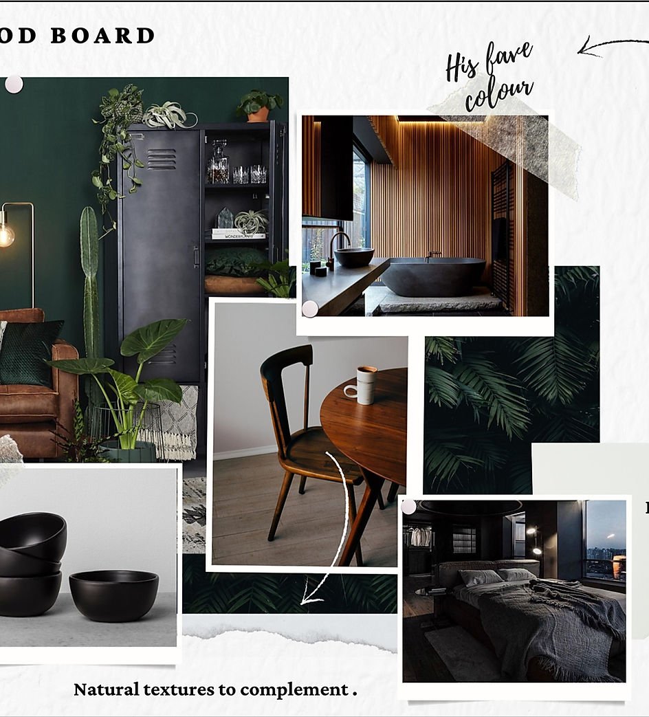 A mood board with the working notes still on it, from a real project.