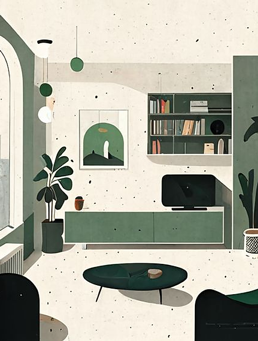 A render of a living room in greens and cream, drawn before anything has been bought.