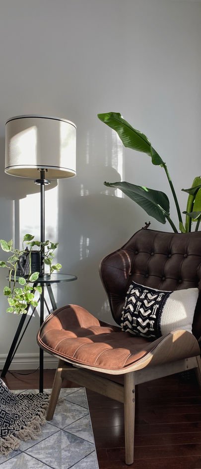 A brown tufted leather chair with a tan cushion beside a black floor lamp, with a bird-of-paradise plant on a patterned rug.